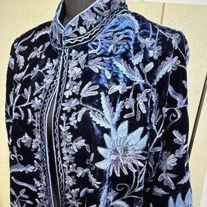 Beautiful Soft Surrounding Heavily Embroidered Navy Velvet Mugal Jacket. Size XL